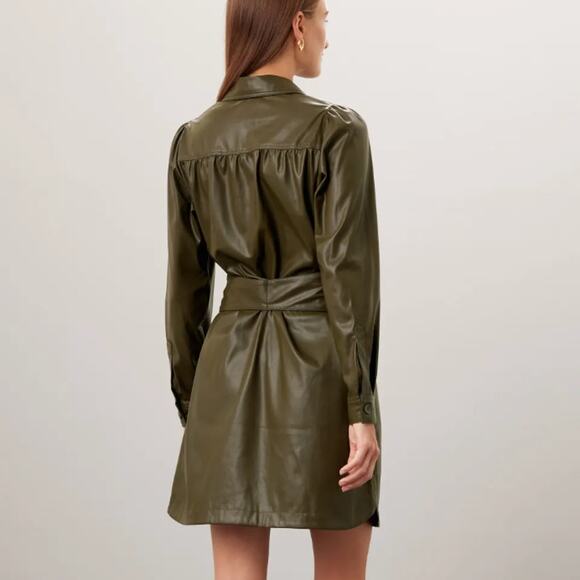 Peter Som Olive Green Faux Leather Mini Shirt Dress SIze 12 Career Designer $355 - Picture 4 of 13
